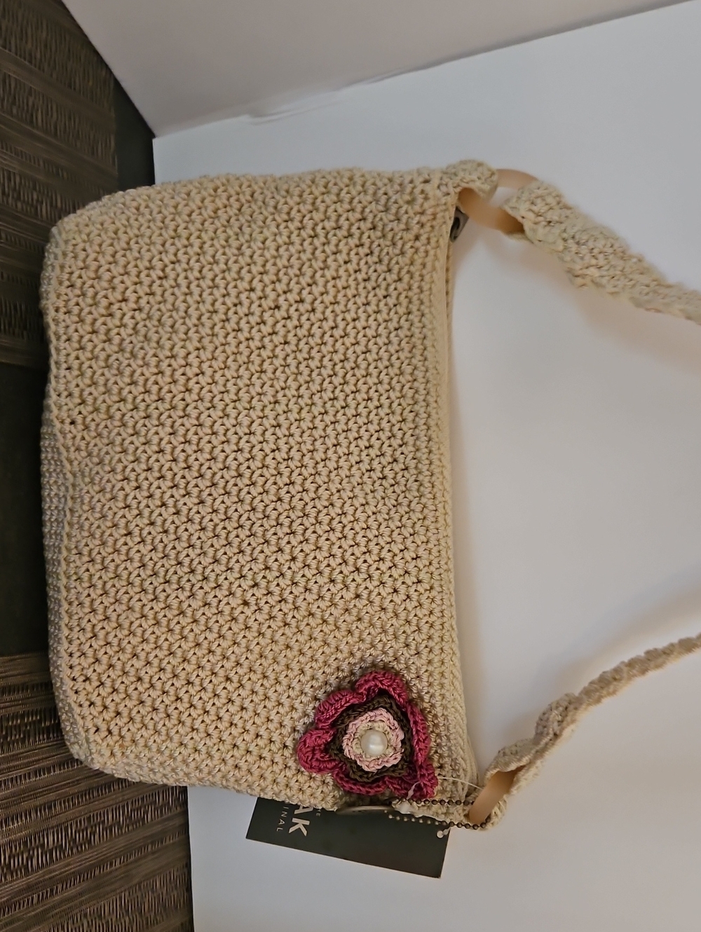 Cream Crochet Shoulder Bag with Pink Flower Accent
